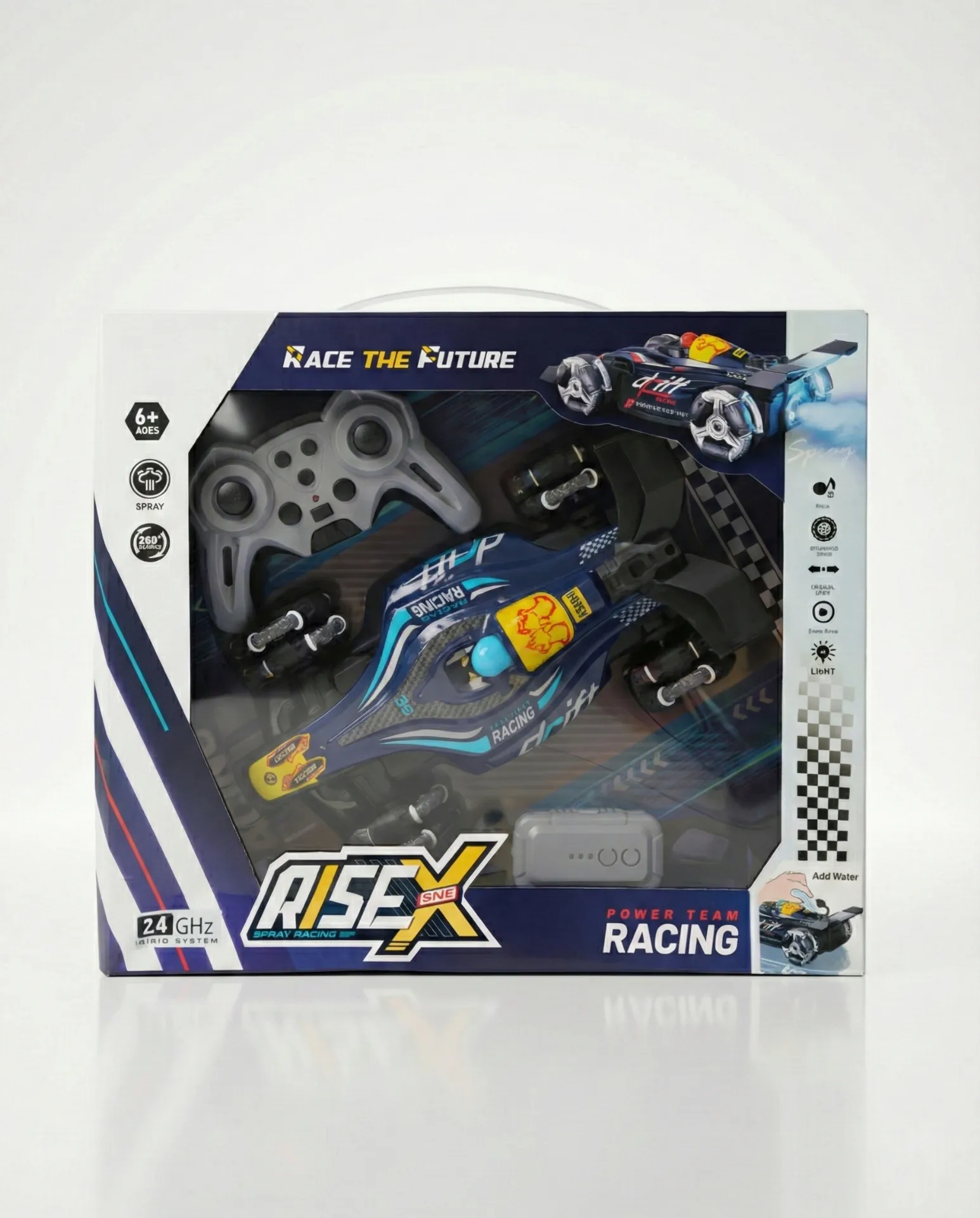    "RISE X" branded R/C (remote-control) stunt car   