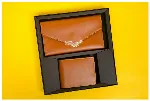  men's bi-fold wallet and a women's envelope-style clutch 