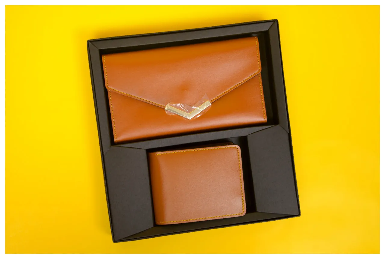  men's bi-fold wallet and a women's envelope-style clutch 