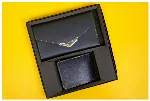  men's bi-fold wallet and a women's envelope-style clutch 