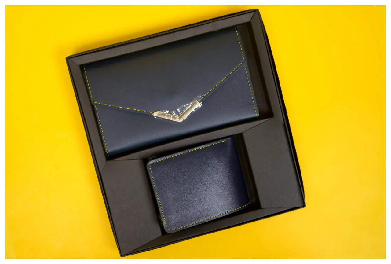  men's bi-fold wallet and a women's envelope-style clutch 