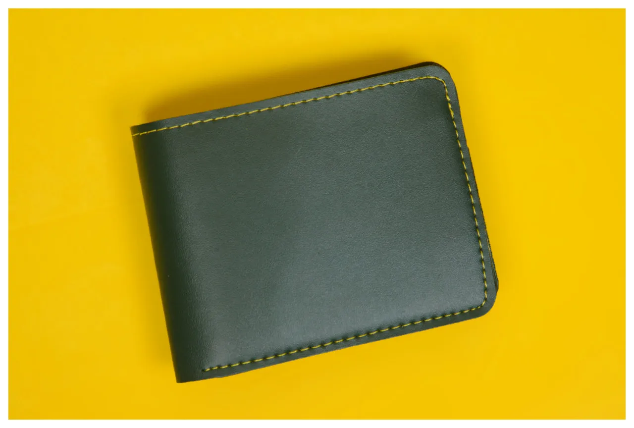  men's bi-fold wallet and a women's envelope-style clutch 