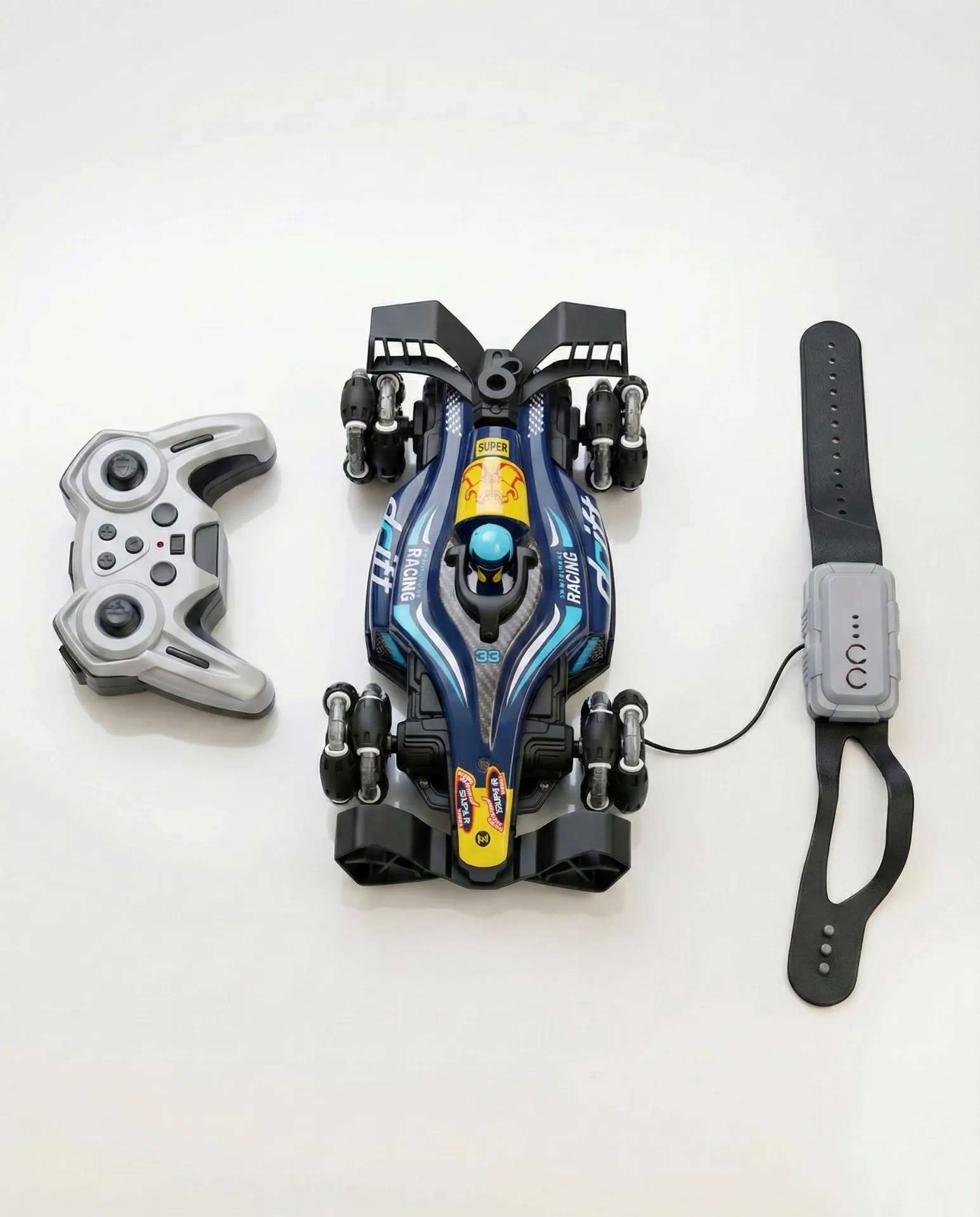    "RISE X" branded R/C (remote-control) stunt car   