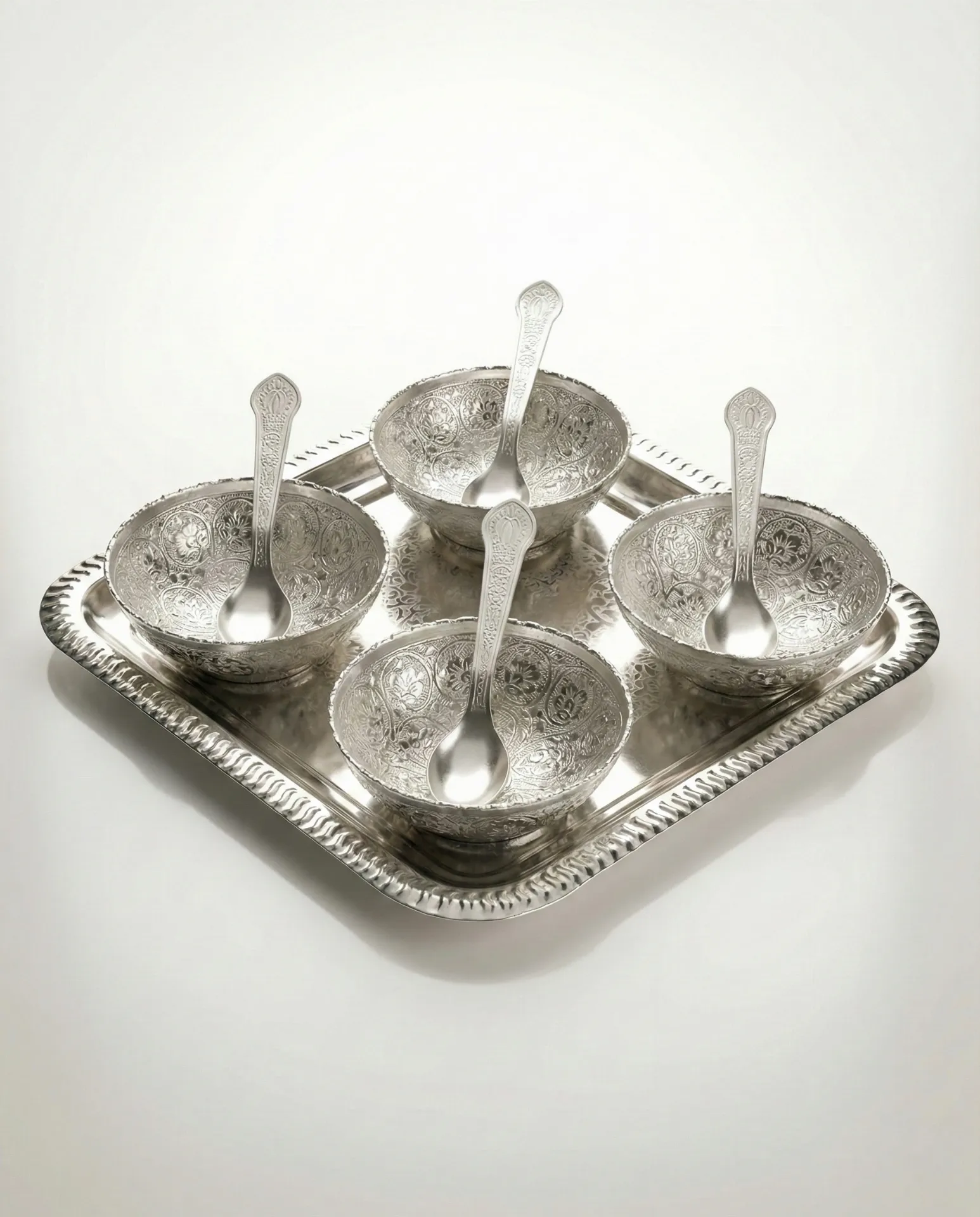  Silver-plated 4-bowl set with spoons and a square serving tray  