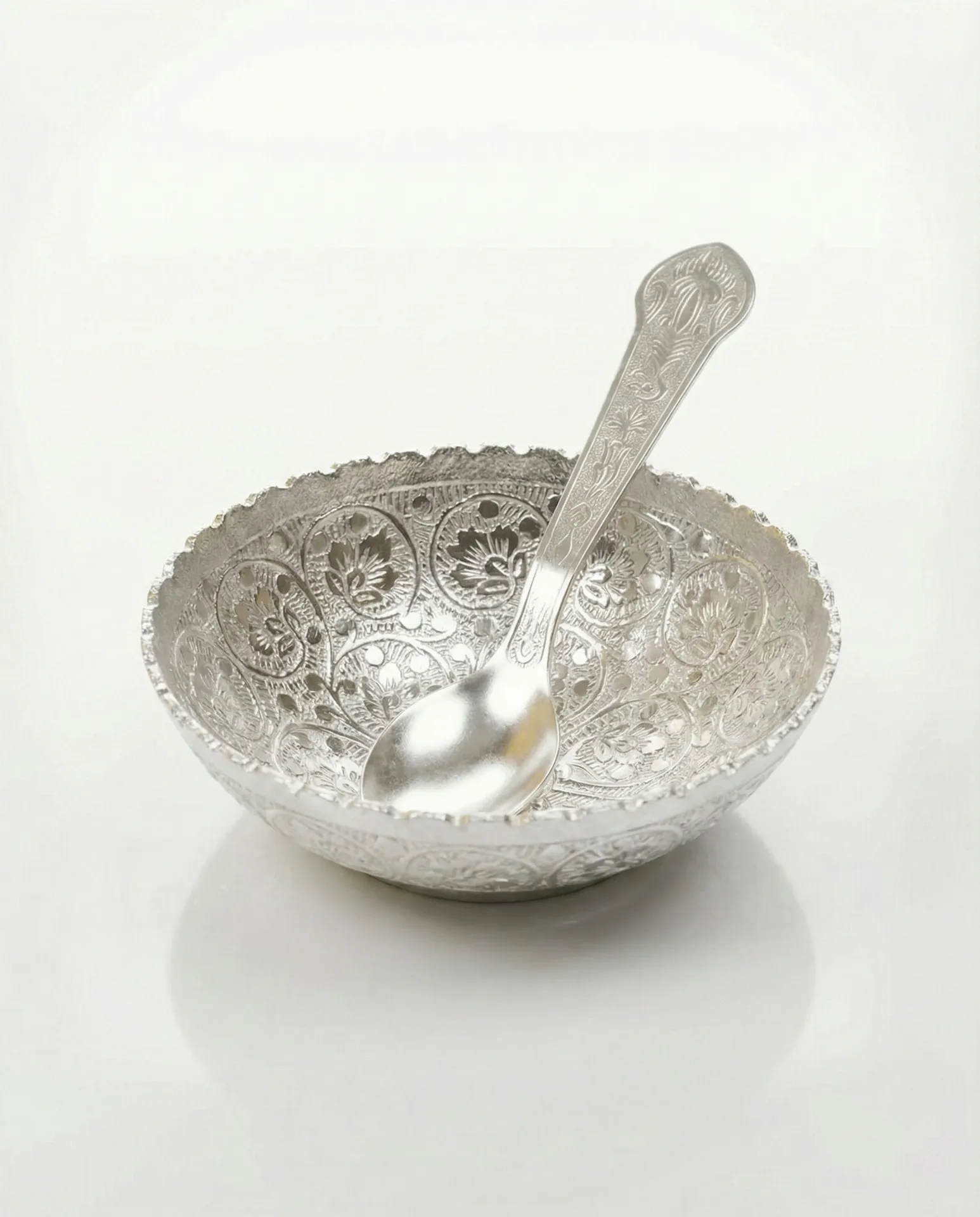 Silver-plated (or German silver) bowl and spoon set 
