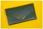  men's bi-fold wallet and a women's envelope-style clutch 