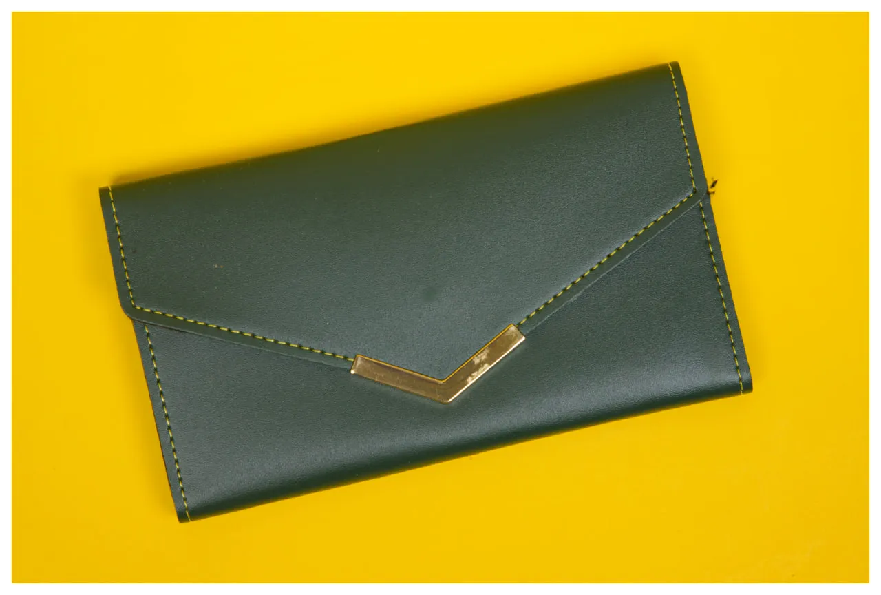  men's bi-fold wallet and a women's envelope-style clutch 