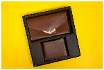  men's bi-fold wallet and a women's envelope-style clutch 