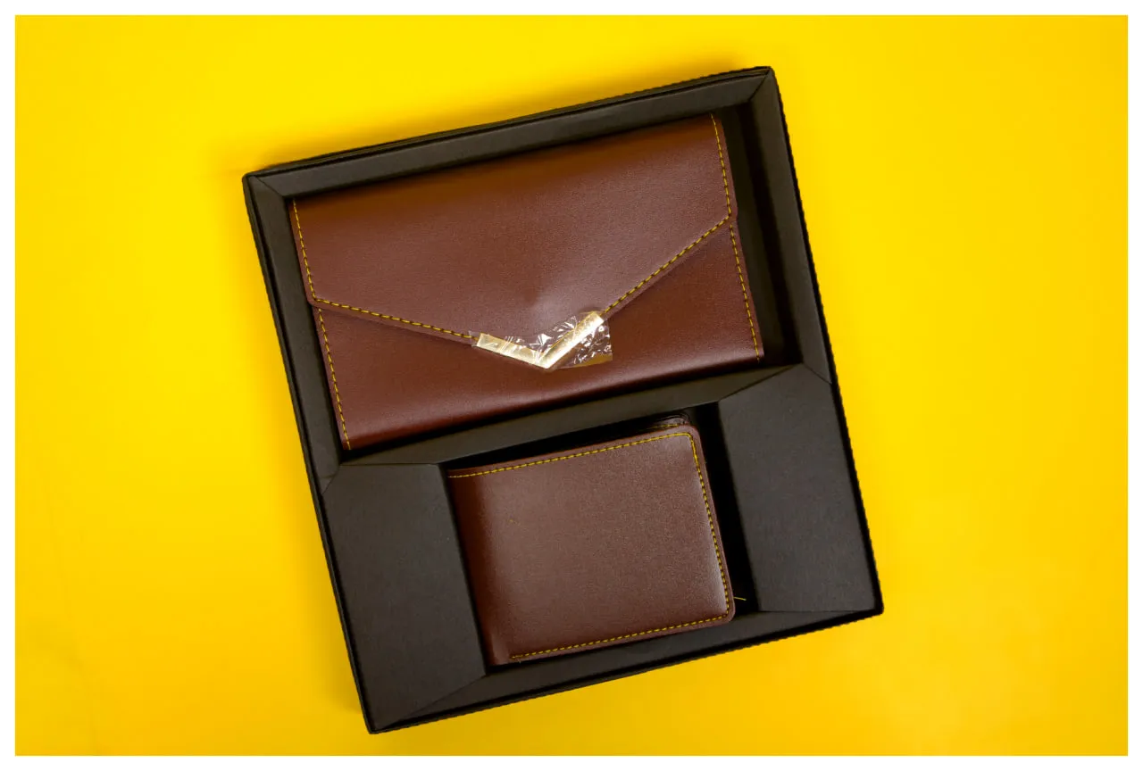  men's bi-fold wallet and a women's envelope-style clutch 