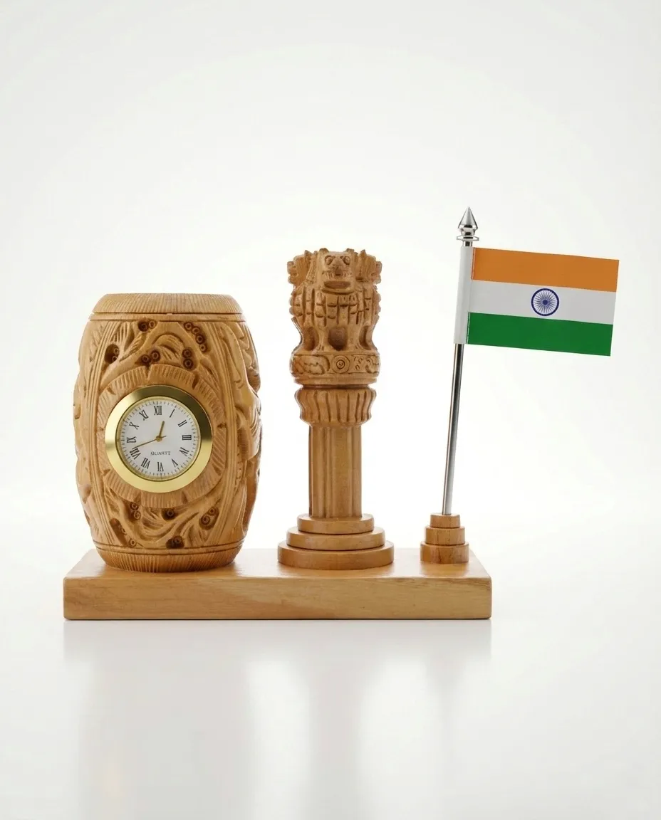  Handcrafted wooden desk organizer with analogue